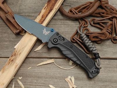 Benchmade Mini Adira 3.2" Partially Serrated AXIS Lock Knife / Grey Grivory / Cerakote Blue Titanium CPM-MagnaCut