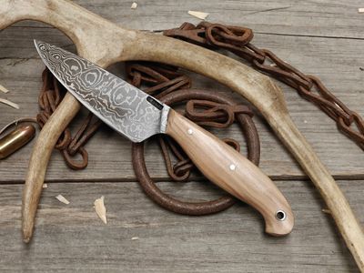 Mark Couch Damascus 4" Fixed Blade / Stabilized Birch Burl / 15N20 &amp; 1080