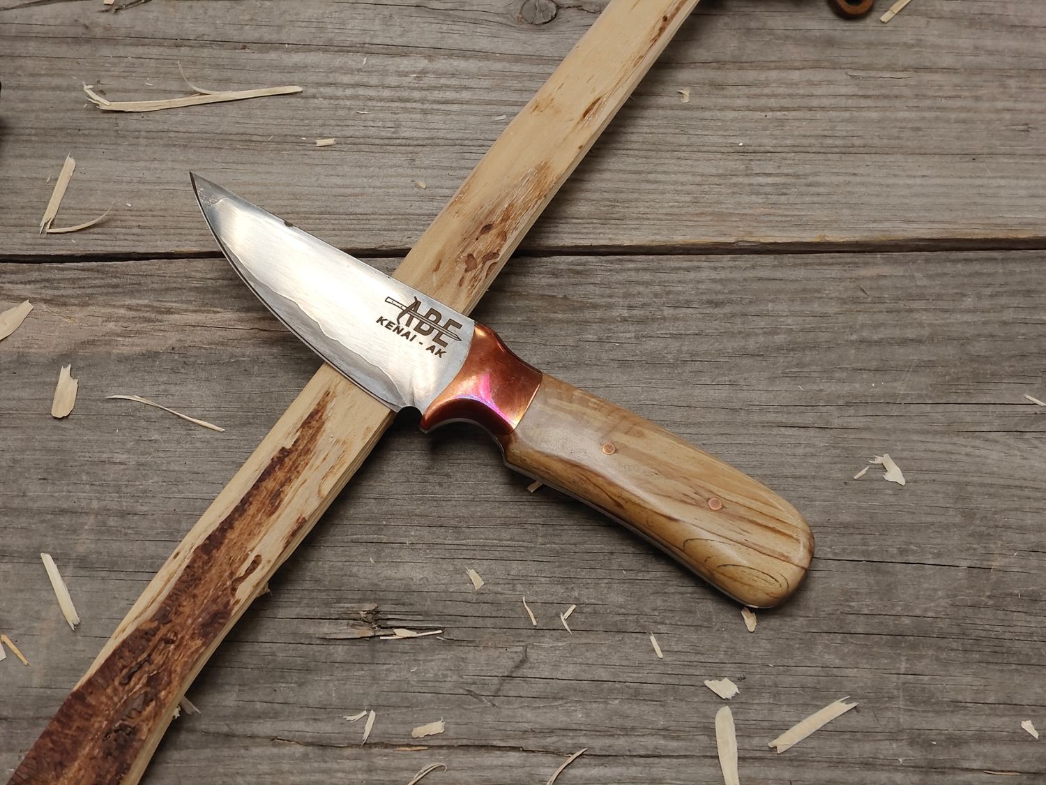 ABE Knives 3.5" Fixed Blade / Stabilized Alaska Birch Burl With Copper Bolster / San Mai 80crv2 &amp; 15n20