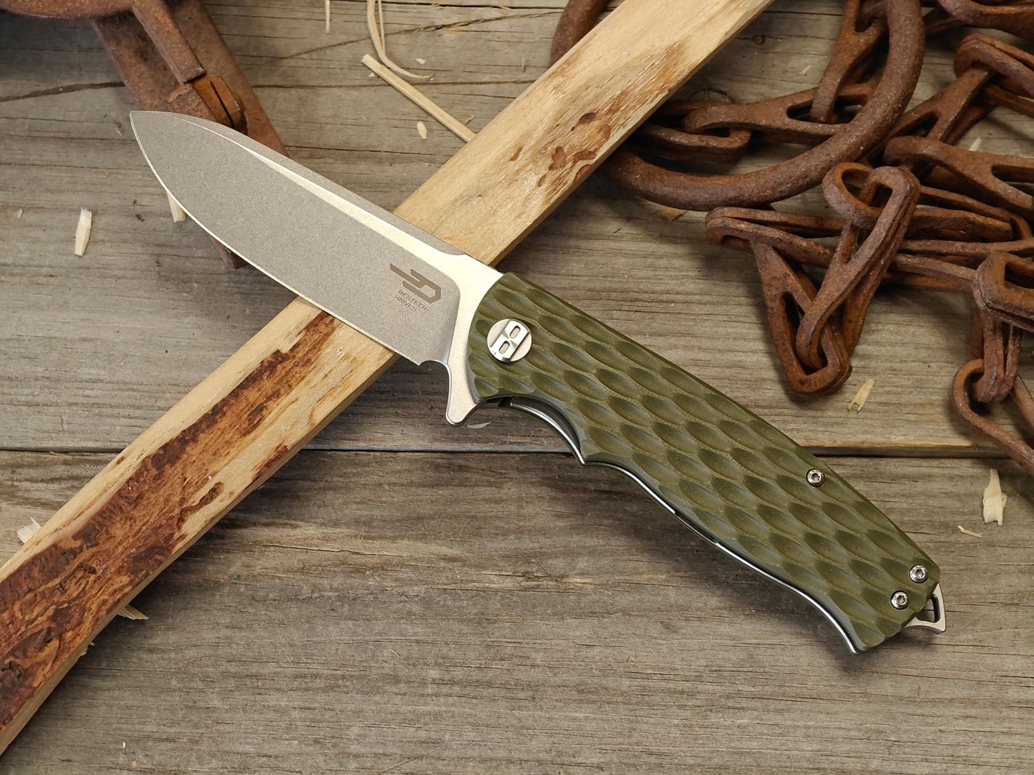 Bestech Knives Grampus 3.5" Linerlock / OD Green G10 / Stonewash D2