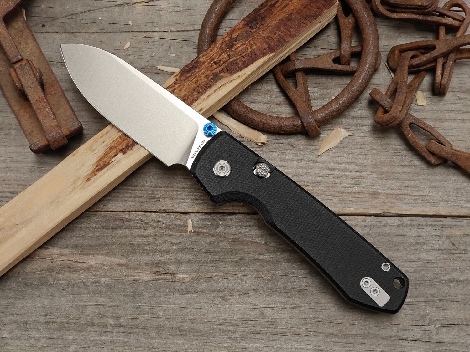 Vosteed Raccoon 2.0 3.25" Push Button Liner Lock Knife / Black Micarta / Stonewash 14C28N
