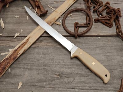 GNK &amp; Isley Blades Model 30 8" Fillet Knife / Ivory Micarta / Satin 14C28N / Leather Sheath