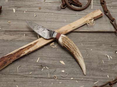 Mark Couch Damascus 3.5" Fixed Blade/ Stag With Damascus Integral Bolster / 15N20 &amp; 1080