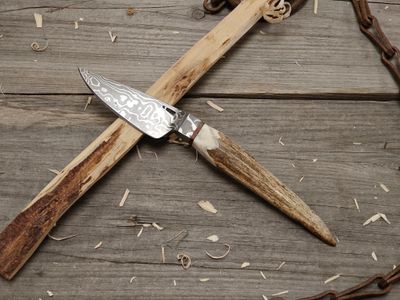 Mark Couch Damascus 3.25" Fixed Blade/ Stag With Damascus Integral Bolster / 15N20 &amp; 1080