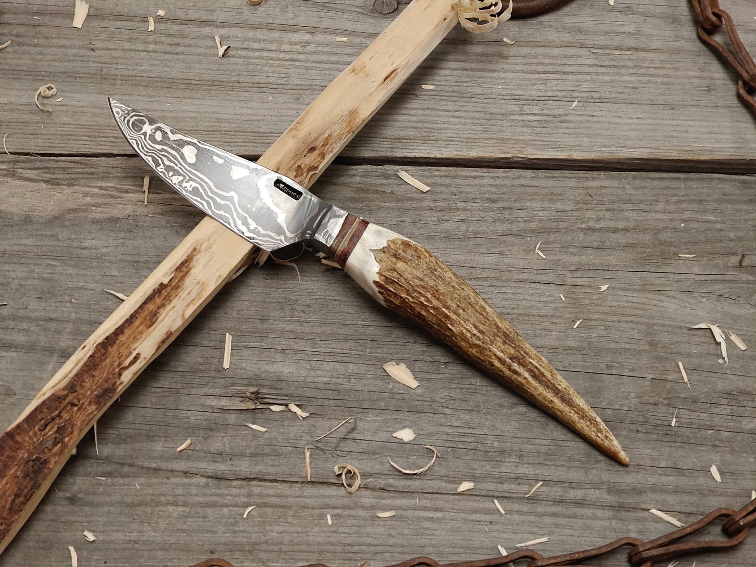 Mark Couch Damascus 4" Fixed Blade/ Stag With Damascus Integral Bolster / 15N20 &amp; 1080