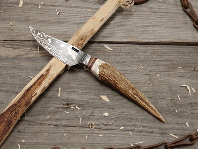 Mark Couch Damascus 4" Fixed Blade/ Stag With Damascus Integral Bolster / 15N20 &amp; 1080