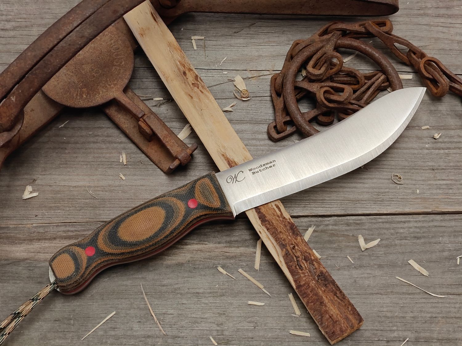 William Collins Woodsman Butcher 6" Fixed Blade / Camo Micarta w/ Red Liners &amp; Pins / Satin Nitro-V