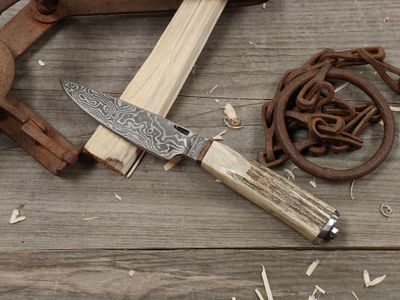 Mark Couch Damascus 4" Fixed Blade/ Antlers With Damascus Integral Bolster &amp; Pommel / 15N20 &amp; 1080