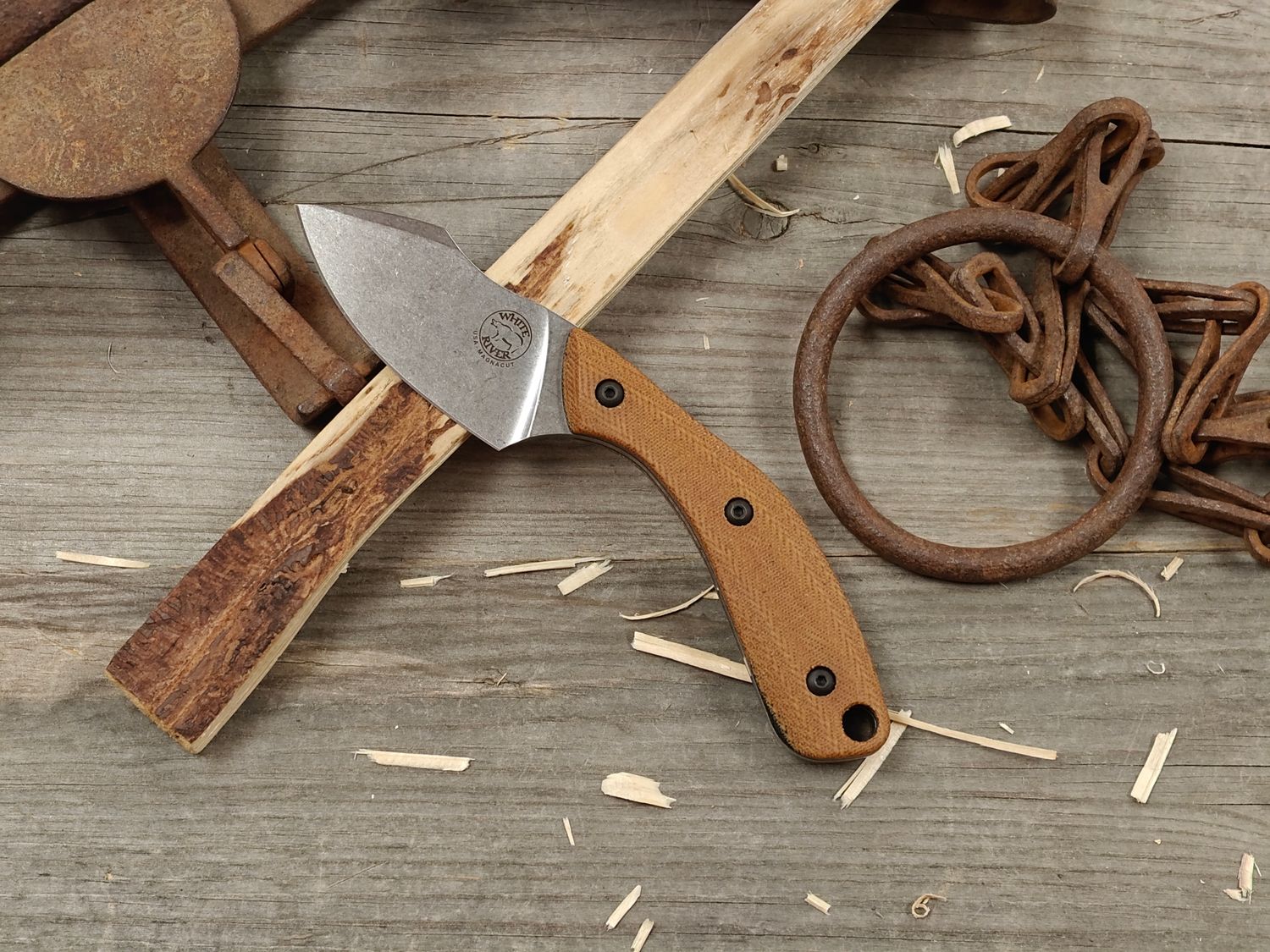 White River Apex 3" Fixed Blade / Natural Canvas Micarta &amp; Black Liners / Stonewashed CPM-MagnaCut