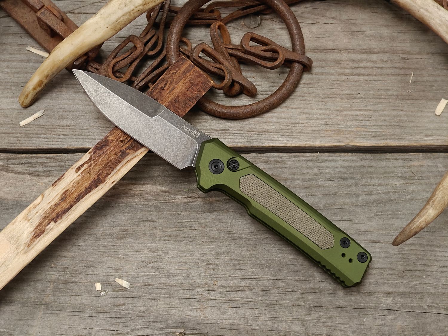 Kershaw Launch 22 3.5" Push Button Automatic / OD Green Aluminum &amp; Black Micarta / Black Stonewash CPM-MagnaCut