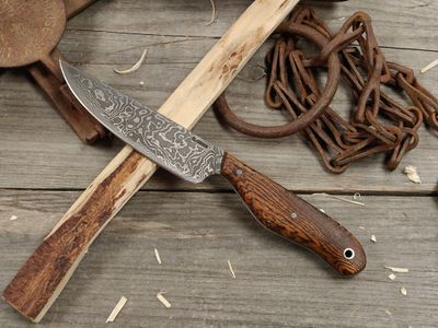 Mark Couch Damascus 4.5" Fixed Blade / Bocote / 15N20 &amp; 1080