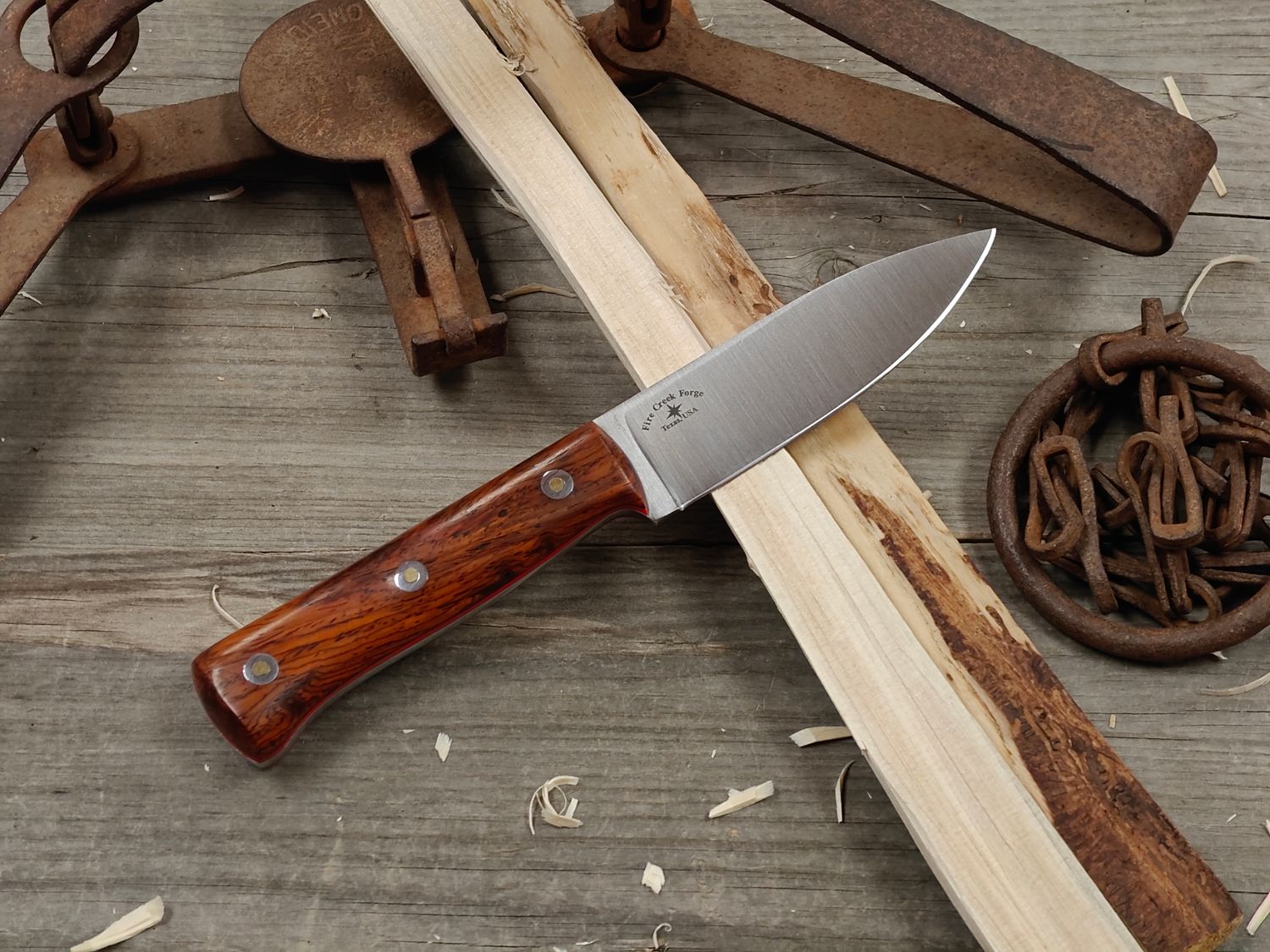Fire Creek Forge BushCraft 4.5" Fixed Blade / Cocobolo &amp; Red Liners / Satin Forged 52100