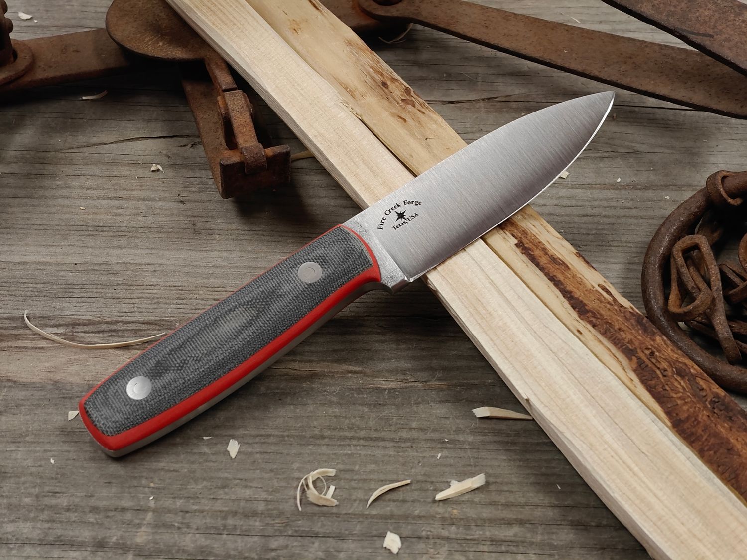 Fire Creek Forge BushCraft 4.5" Fixed Blade / Black Micarta &amp; Orange Liners / Satin Forged 52100