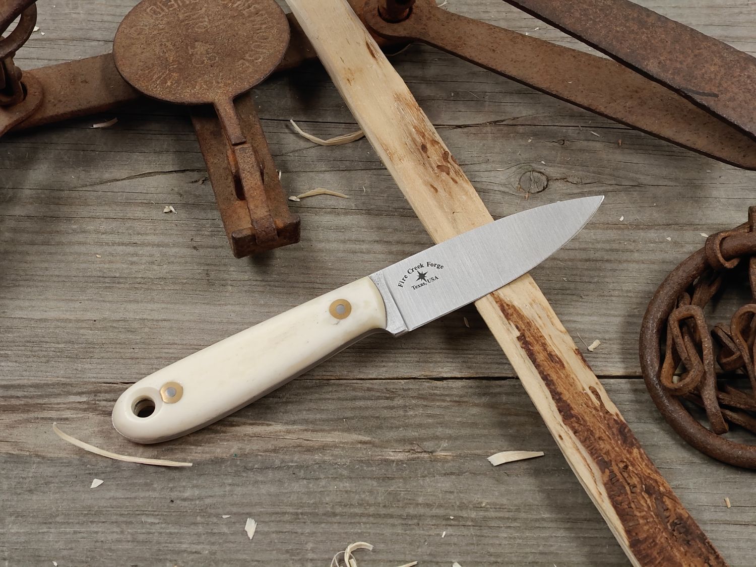 Fire Creek Forge Fire Creek EDC 3.5" Fixed Blade / White Camel Bone / Satin Forged 52100