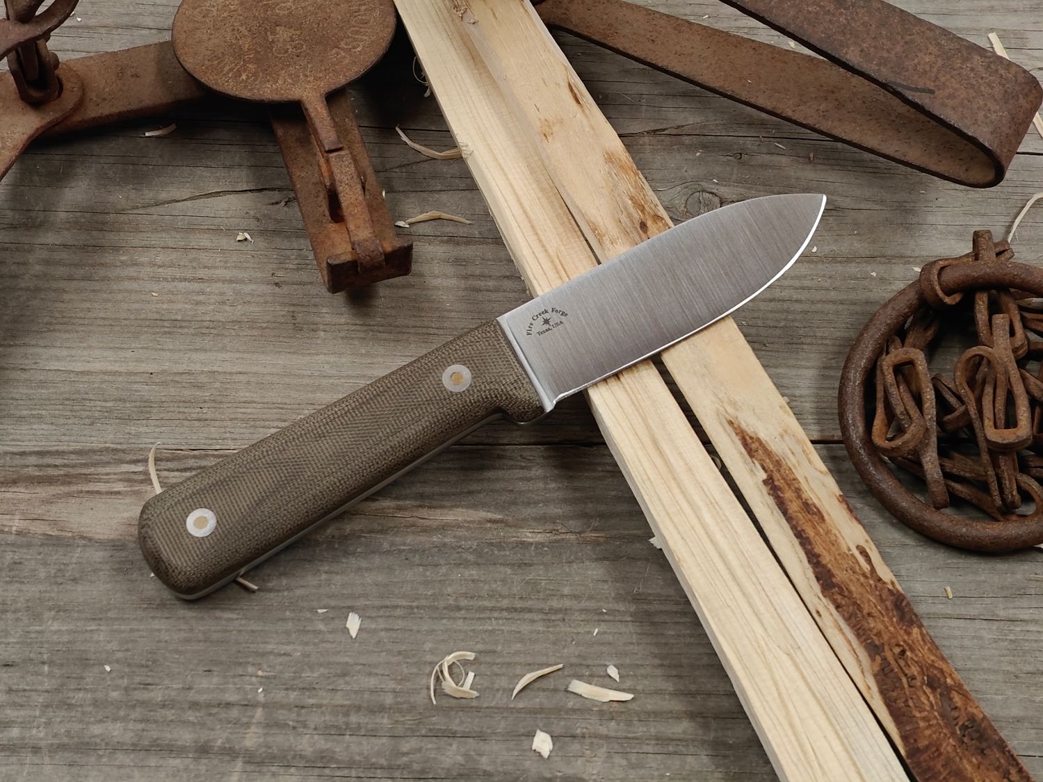 Fire Creek Forge Kephart 4" Fixed Blade / OD Green Micarta / Satin Forged 52100