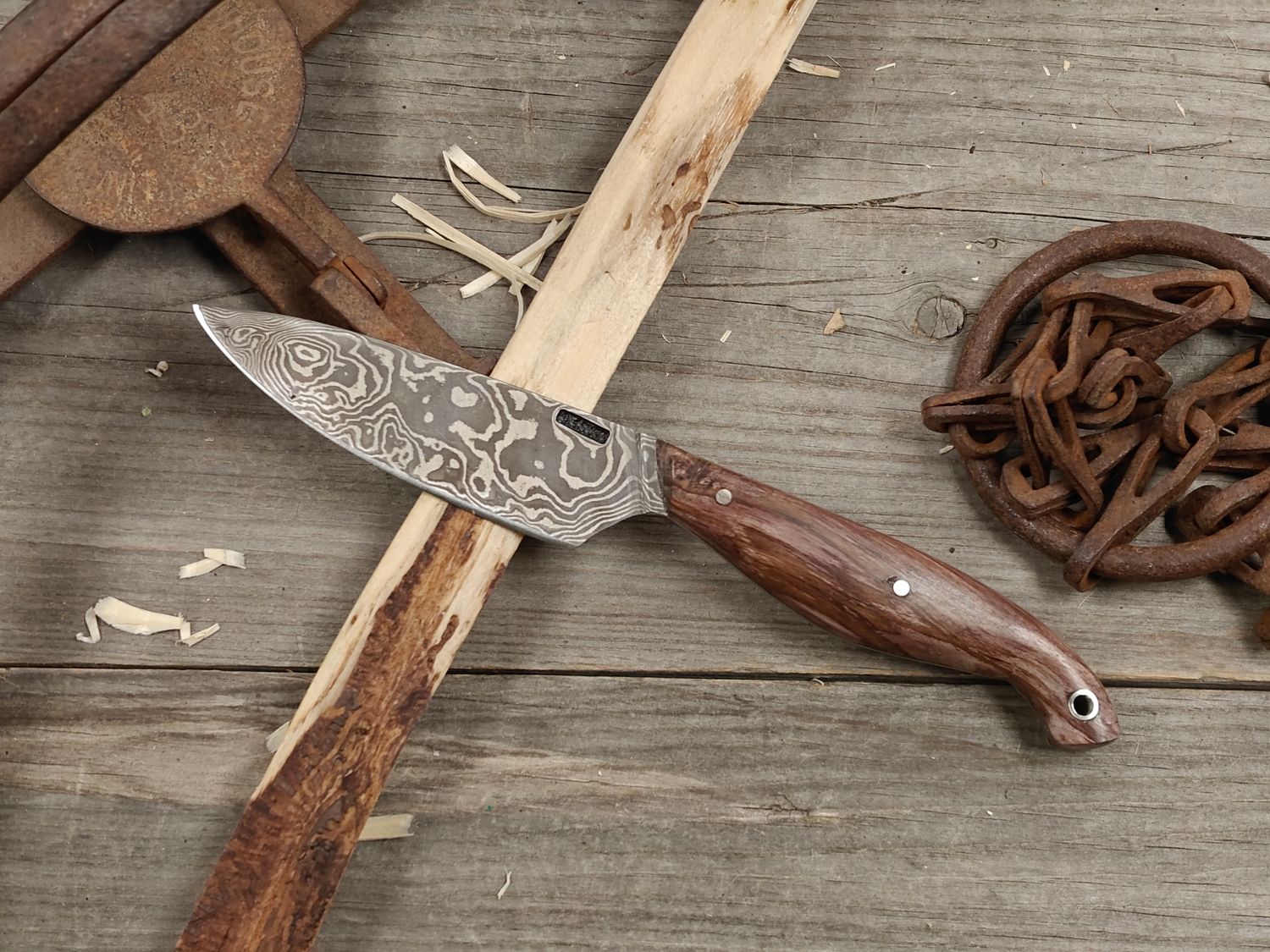 Mark Couch Damascus 4" Fixed Blade / Dyed Birch / 15N20 &amp; 1080