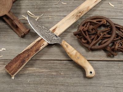 Mark Couch Damascus 3.5" Fixed Blade / Birch / 15N20 &amp; 1080