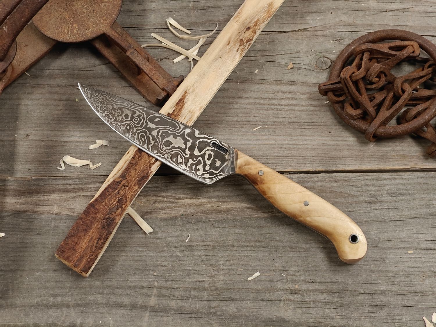 Mark Couch Damascus 4.5" Fixed Blade / Birch / 15N20 &amp; 1080