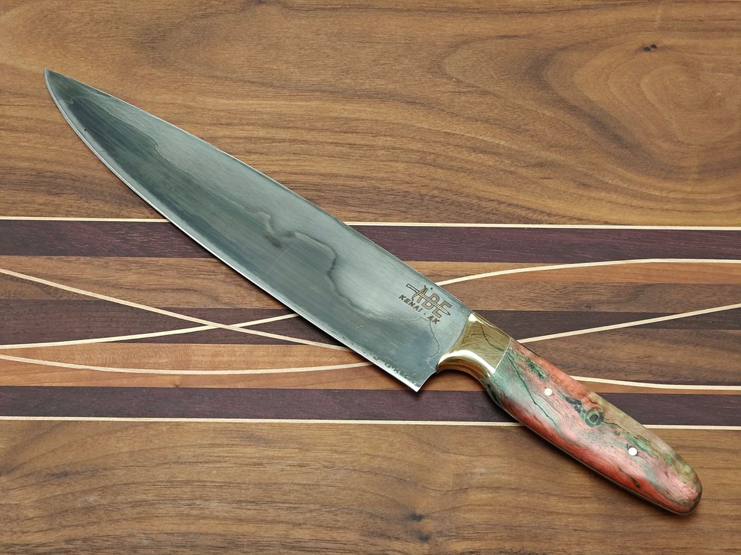ABE Knives 9.5" Chef Knife  / Dyed Pepperwood w/ Brass Bolster / San Mai 80crv2 &amp; 15n20