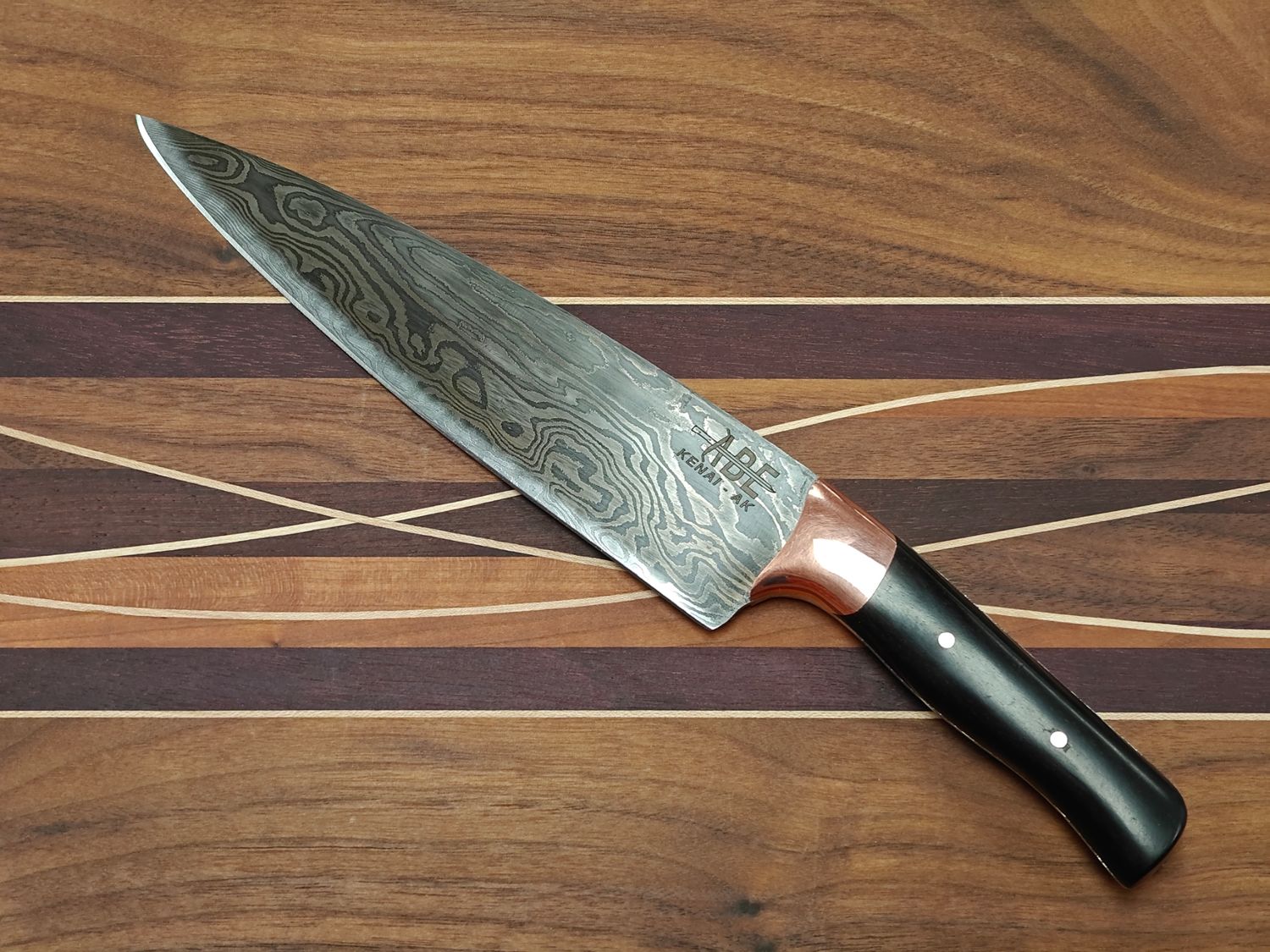 ABE Knives 7.5" Chef Knife / Ebony Wood w/ Copper Bolster / 28 Layer Twisted Damascus 80crv2 &amp; 15n20