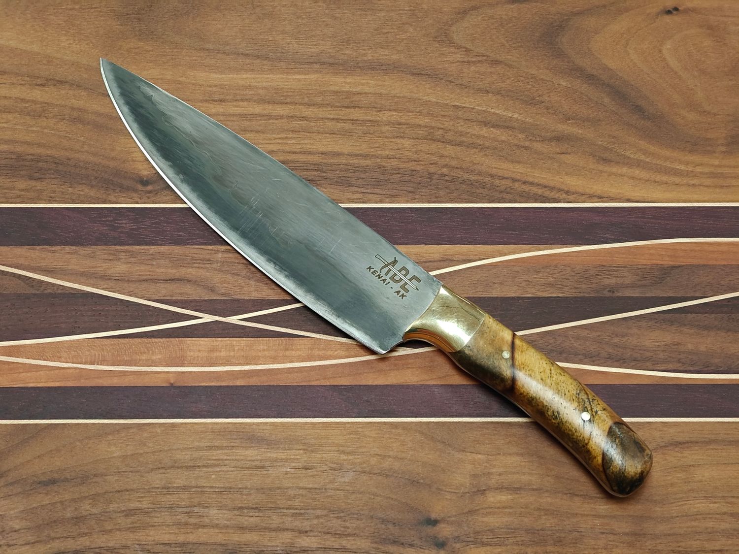 ABE Knives 7.5" Chef Knife / Stabilized Birch Burl w/ Brass Bolster / San Mai 80crv2 &amp; 15n20
