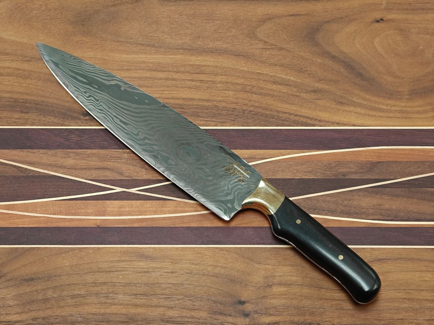 ABE Knives 8.75" Chef Knife / Ebony Wood w/ Brass Bolster / 28 Layer Twisted Damascus 80crv2 &amp; 15n20