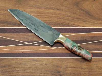ABE Knives 7.5" Kiritsuke / Dyed Pepperwood W/ Brass Bolster / San Mai 80crv2 &amp; 15n20