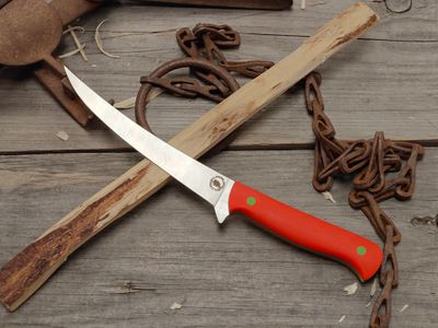 Great Northern Knives 6.25" Fillet/Boning Knife / Orange G10 With Green Liners &amp; Pins / Satin 14C28N