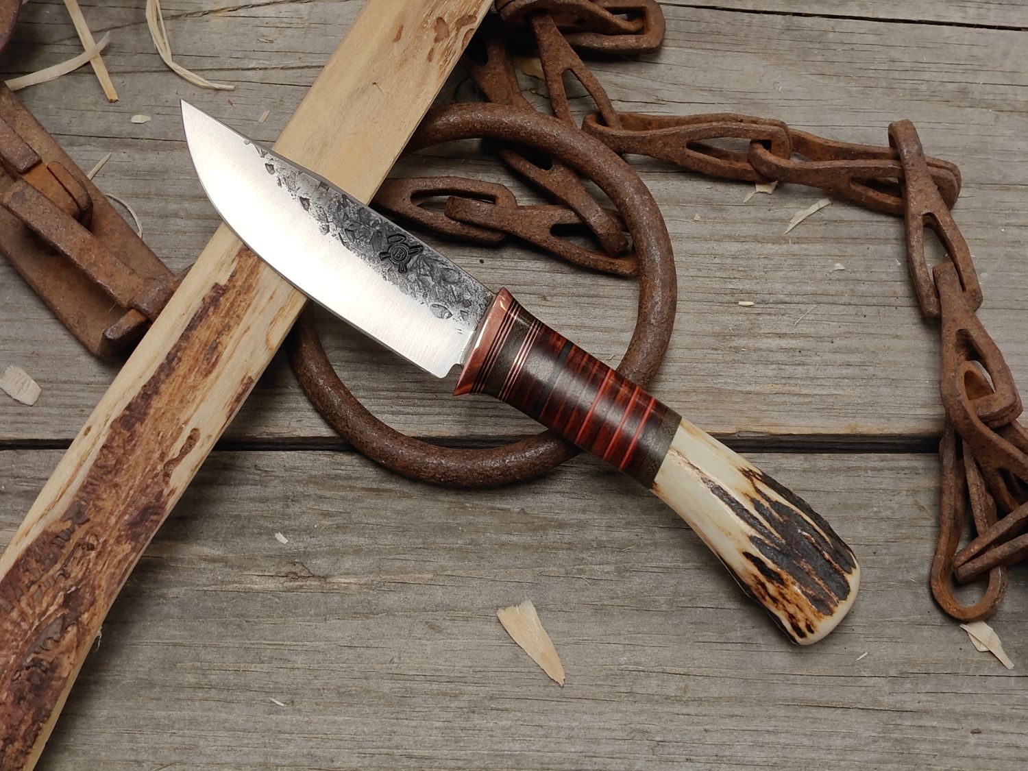 Behring Made Knives Pocket Trout &amp; Bird 3" Fixed Blade / Sambar Stag With Copper Bolster &amp; Horse Hide Leather / Forged 80crv2