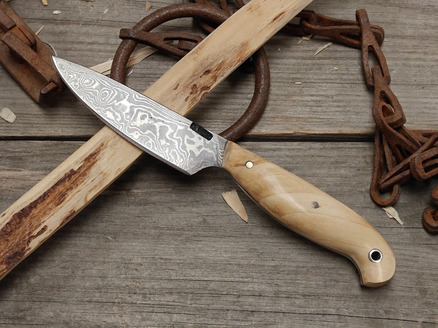 Mark Couch Damascus 3.75" Fixed Blade/ Stabilized Birch / 15N20 &amp; 1080