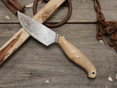 Mark Couch Damascus 4" Fixed Blade/ Stabilized Birch / 15N20 &amp; 1080