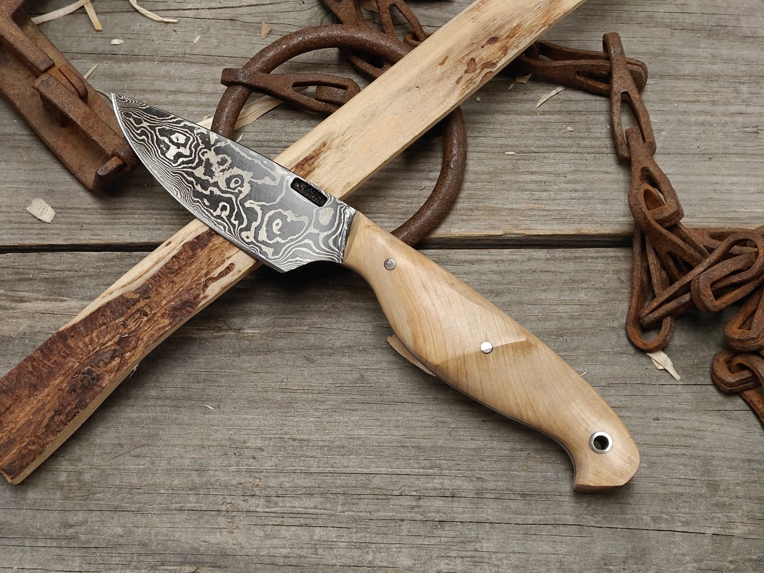 Mark Couch Damascus 3.25" Fixed Blade/ Stabilized Birch / 15N20 &amp; 1080