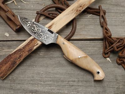 Mark Couch Damascus 3.25" Fixed Blade/ Stabilized Birch / 15N20 &amp; 1080