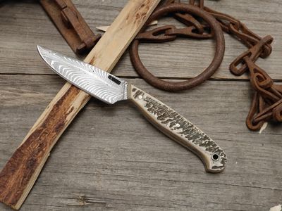 Mark Couch Feather Damascus 3.25" Fixed Blade / Moose Antler / 15N20 &amp; 1080