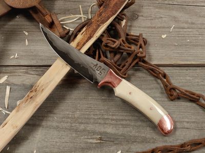 ABE Knives 4.25" Fixed Blade / Stabilized Moose Antler w/ Cooper Bolster &amp; Pommel / San Mai 80Crv2 &amp; 15n20
