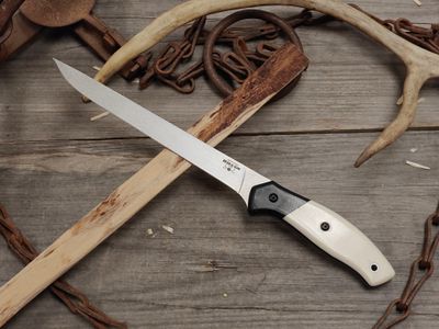 Bear &amp; Son Professional 7.5" Fillet Knife / White Smooth Bone &amp; Black G10 Bolster / Stonewash 14C28N