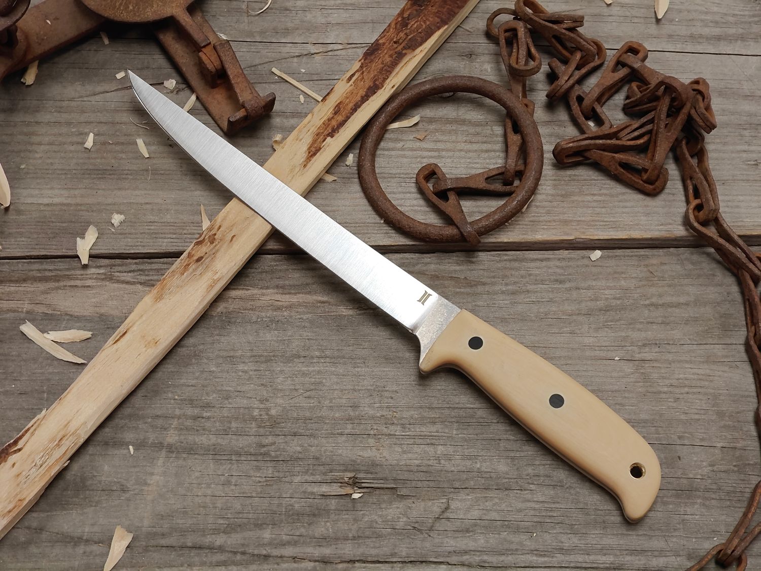 GNK &amp; Isley Blades Model 30 7.5" Fillet Knife / Ivory Micarta W/ Black G10 Pins / Satin 14C28N / Kydex Sheath