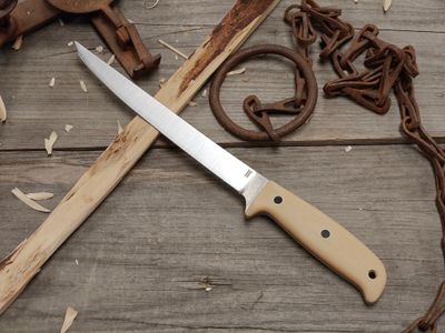 GNK &amp; Isley Blades Model 30 7.5" Fillet Knife / Ivory Micarta W/ Black G10 Pins / Satin 14C28N / Kydex Sheath