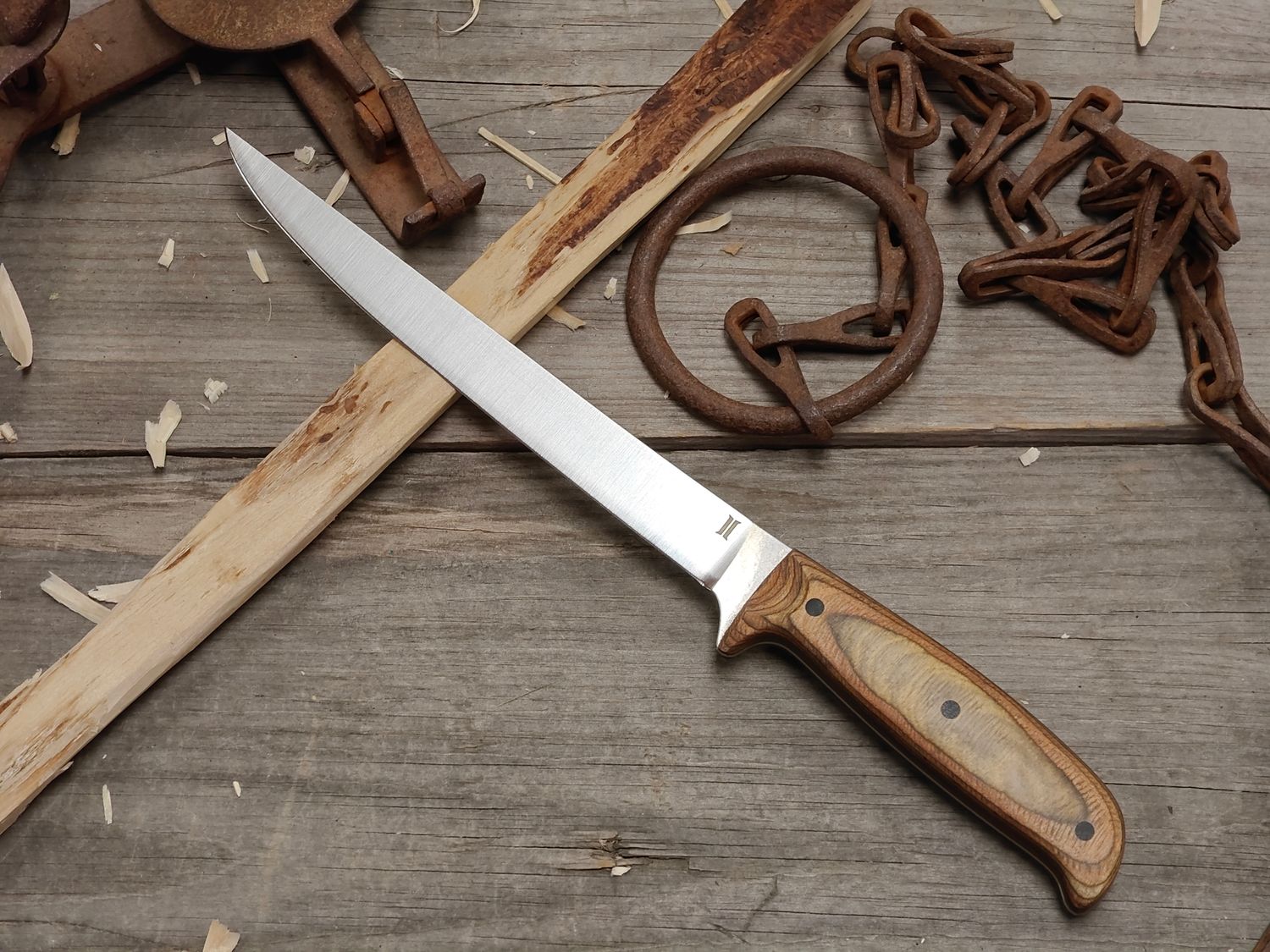 GNK &amp; Isley Blades Model 30 7.5" Fillet Knife / DymondWood W/ 3 Black G10 Pins / Satin 14C28N / Kydex Sheath