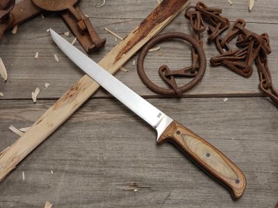 GNK &amp; Isley Blades Model 30 7.5" Fillet Knife / DymondWood W/ 3 Black G10 Pins / Satin 14C28N / Kydex Sheath