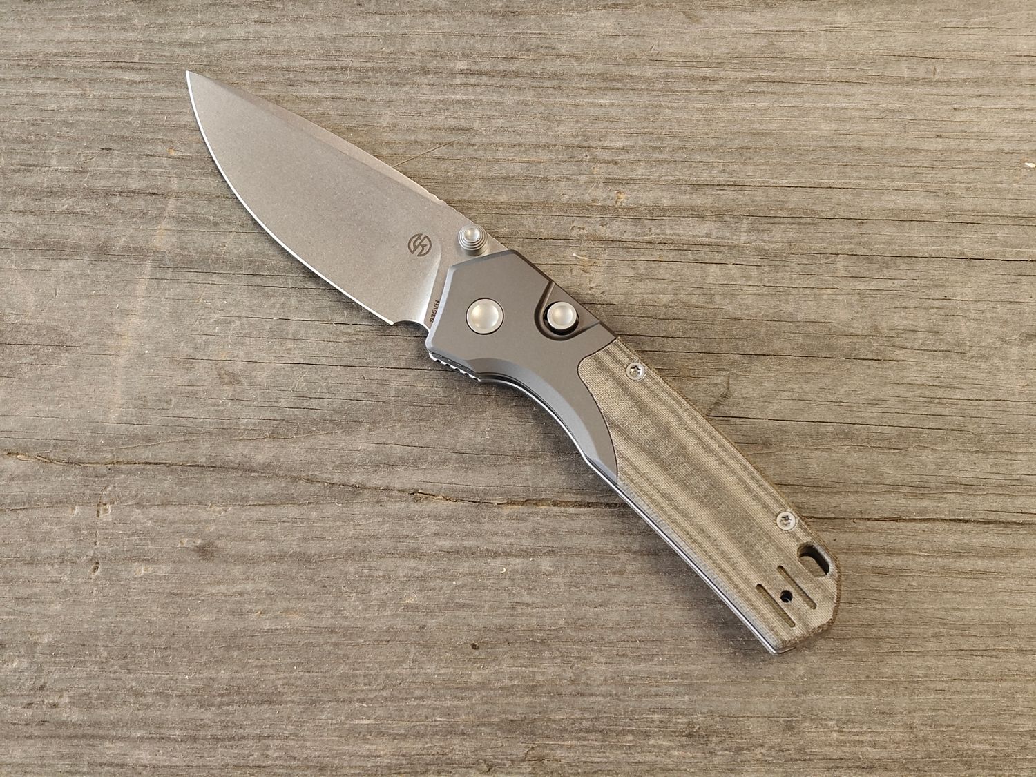 Vosteed Psyop 299 3" Top Liner Lock Folding / Green Norplex UlteX Micarta / Stonewash CPM-S35VN