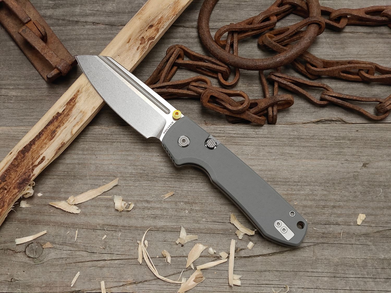 Vosteed Raccoon 2.0 3.25" Button Lock Knife / Grey G10 / Stonewash 14C28N