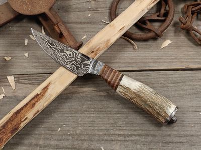 Mark Couch Damascus 3.5" Fixed Blade/ Antlers With Damascus Integral Bolster &amp; Pommel / 15N20 &amp; 1080
