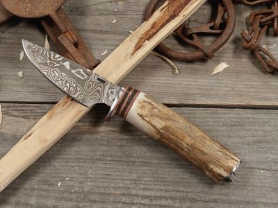 Mark Couch Damascus 3.25" Fixed Blade/ Antlers With Damascus Bolster &amp; Pommel / 15N20 &amp; 1080