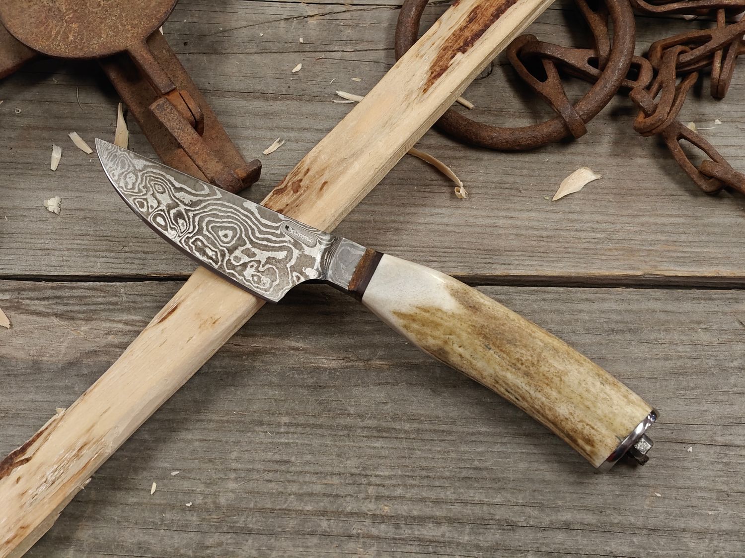 Mark Couch Damascus 3" Fixed Blade/ Antlers With Damascus Integral Bolster &amp; Pommel / 15N20 &amp; 1080