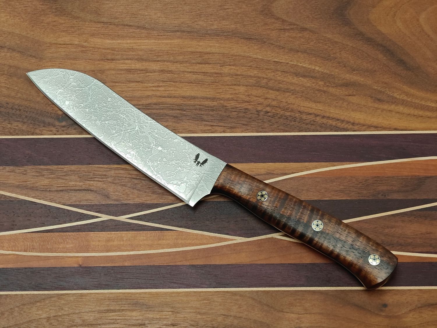 Semper Sharp 5.25" Mini Santoku Knife / Curly Hawaiian Koa w/ Black Liners &amp; 3 Mosaic Pins / Satin Splashed Nitro-V (Pre-Owned)