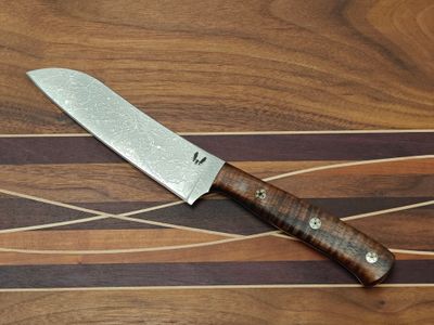 Semper Sharp 5.25" Mini Santoku Knife / Curly Hawaiian Koa w/ Black Liners &amp; 3 Mosaic Pins / Satin Splashed Nitro-V (Pre-Owned)