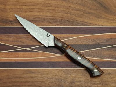 Semper Sharp 4.25" Paring Knife / Curly Hawaiian Koa w/ Black Liners &amp; 3 Mosaic Pins / Satin Splashed Nitro-V (Pre-Owned)