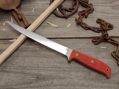GNK &amp; Isley Blades Model 30 7.5" Fillet Knife / Fire Micarta W/ Neon Green Pins / Satin 14C28N / Leahter Sheath