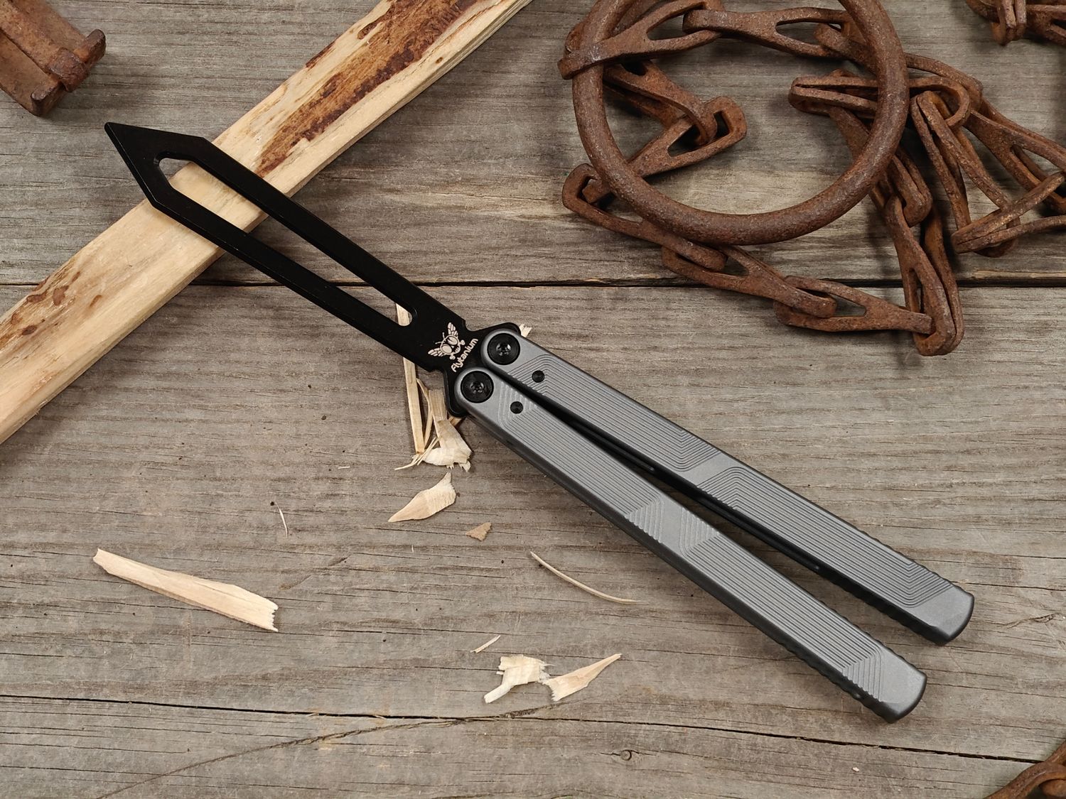 Flytanium Zenith Trainer 2.0 4.5" Butterfly Knife / Gunmetal Grey Aluminum / Black Skeletonized 440